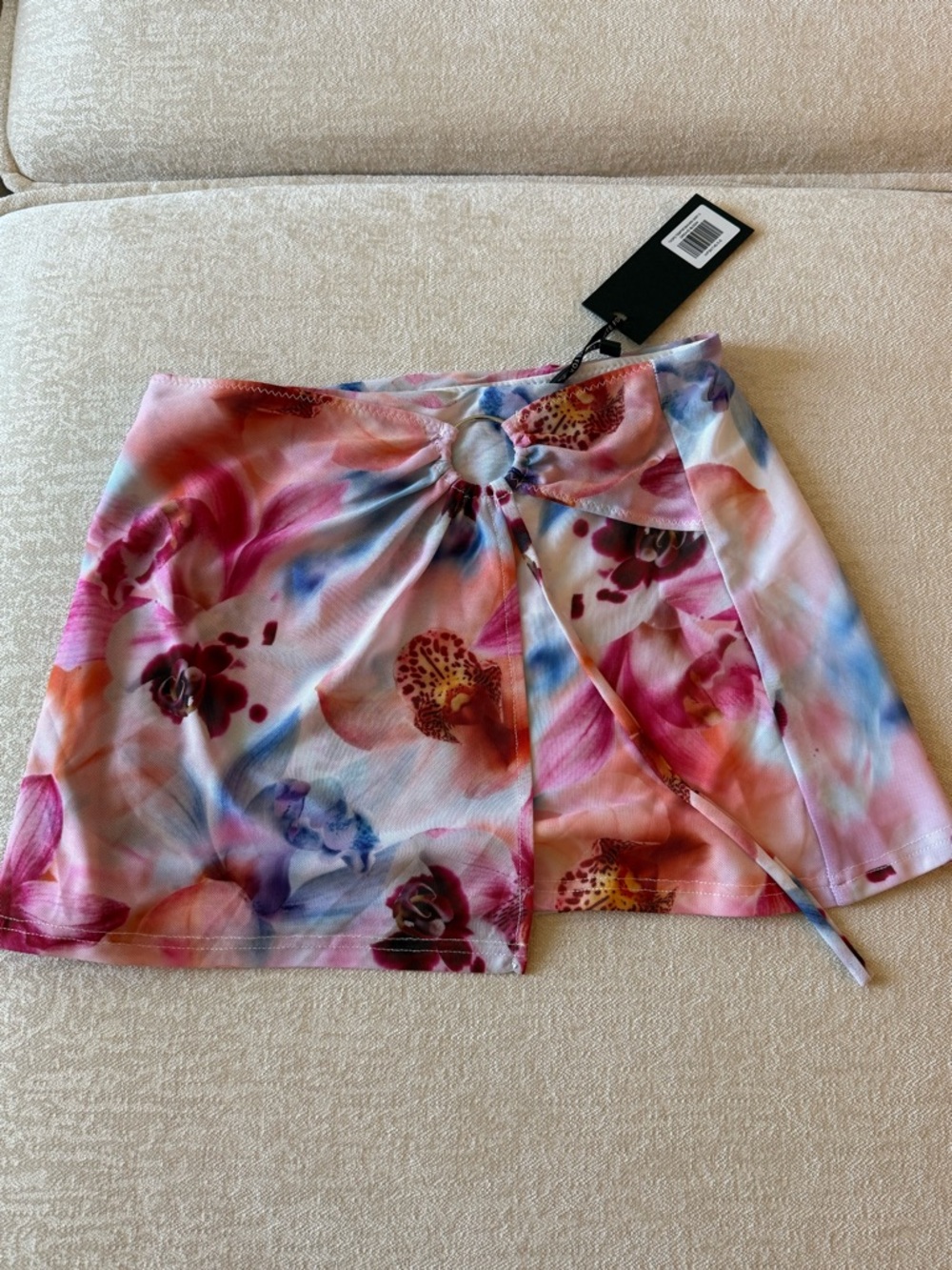 White Fox Boutique Floral Ring-Front Mini Skirt in Pink & Blue